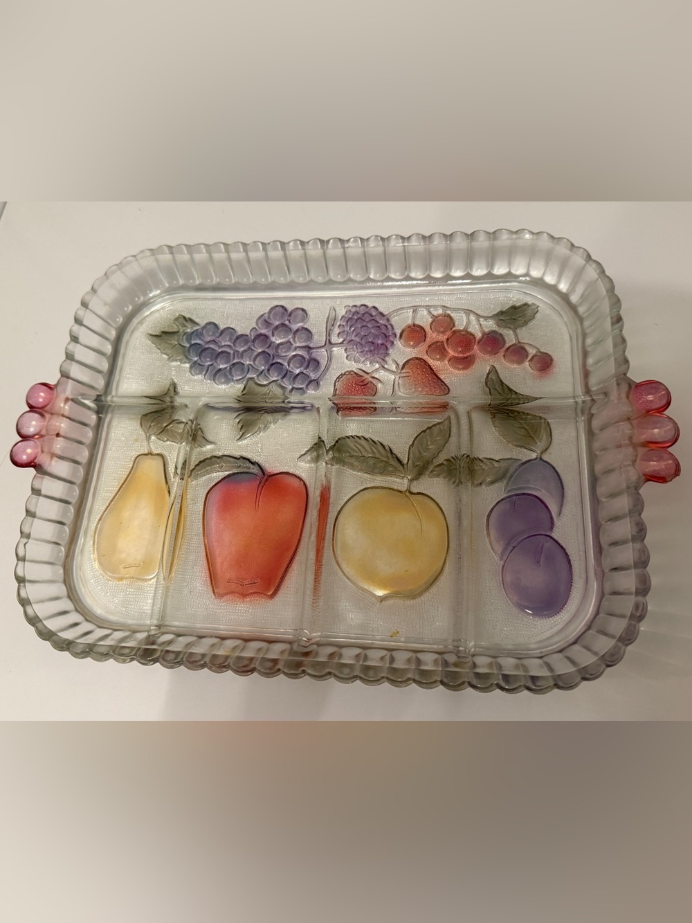 Vintage Indiana Glass Sectioned Serving Tray with Colorful Fruit Motif